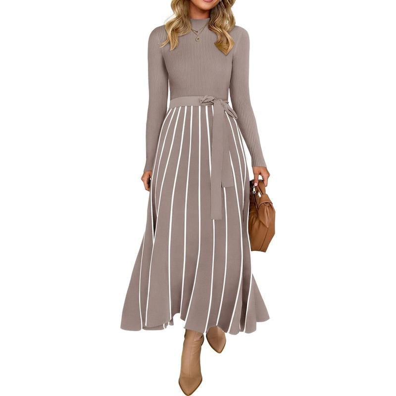 ZESICA Womens 2025 Fall Turtleneck Long Sleeve Sweater Dress Tie Waist Casual Loose Ribbed Knit a Line Midi Dresses Womenswear Check Casual Wear Lady
