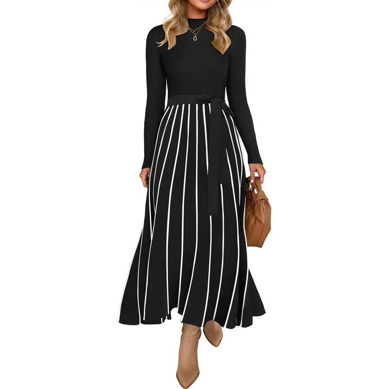 ZESICA Womens 2025 Fall Turtleneck Long Sleeve Sweater Dress Tie Waist Casual Loose Ribbed Knit a Line Midi Dresses Womenswear Check Casual Wear Lady