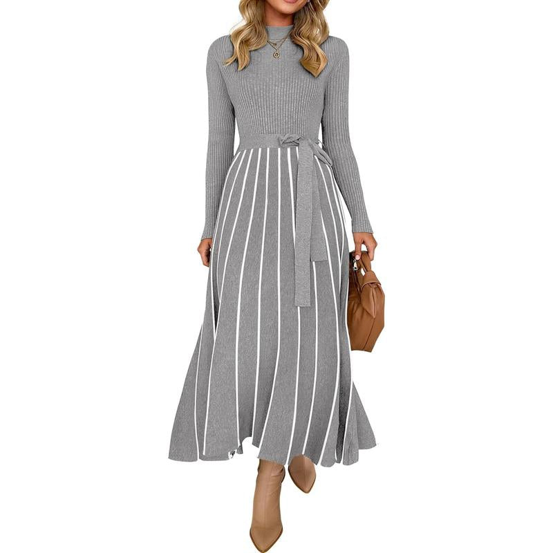ZESICA Womens 2025 Fall Turtleneck Long Sleeve Sweater Dress Tie Waist Casual Loose Ribbed Knit a Line Midi Dresses Womenswear Check Casual Wear Lady