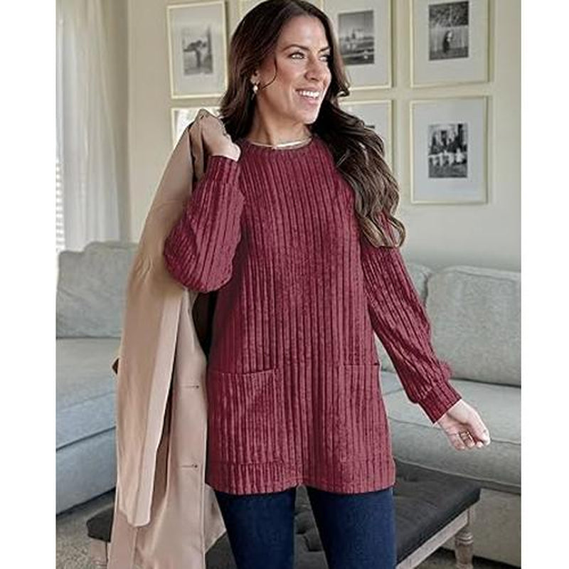 WIHOLL Long Sleeve Shirts for Women Long Sweaters with Pockets Tunic Tops Loose Fit