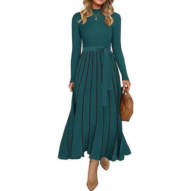 ZESICA Womens 2025 Fall Turtleneck Long Sleeve Sweater Dress Tie Waist Casual Loose Ribbed Knit a Line Midi Dresses Womenswear Check Casual Wear Lady