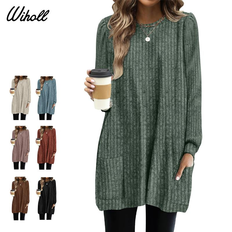 WIHOLL Long Sleeve Shirts for Women Long Sweaters with Pockets Tunic Tops Loose Fit
