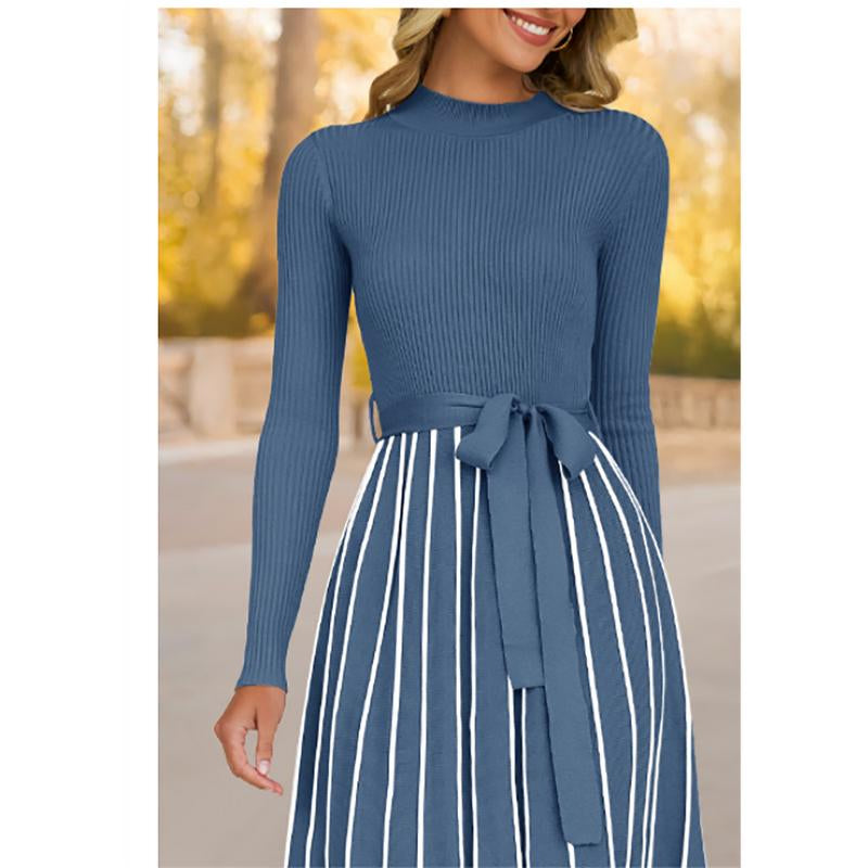 ZESICA Womens 2025 Fall Turtleneck Long Sleeve Sweater Dress Tie Waist Casual Loose Ribbed Knit a Line Midi Dresses Womenswear Check Casual Wear Lady
