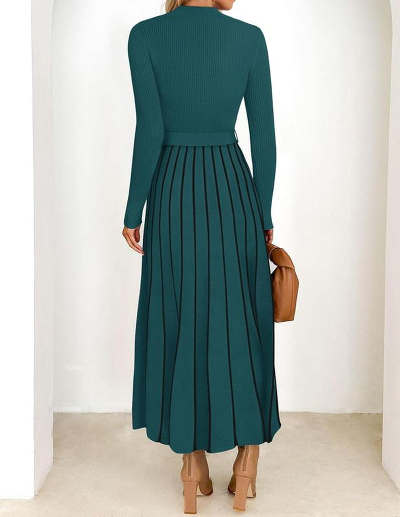 ZESICA Womens 2025 Fall Turtleneck Long Sleeve Sweater Dress Tie Waist Casual Loose Ribbed Knit a Line Midi Dresses Womenswear Check Casual Wear Lady