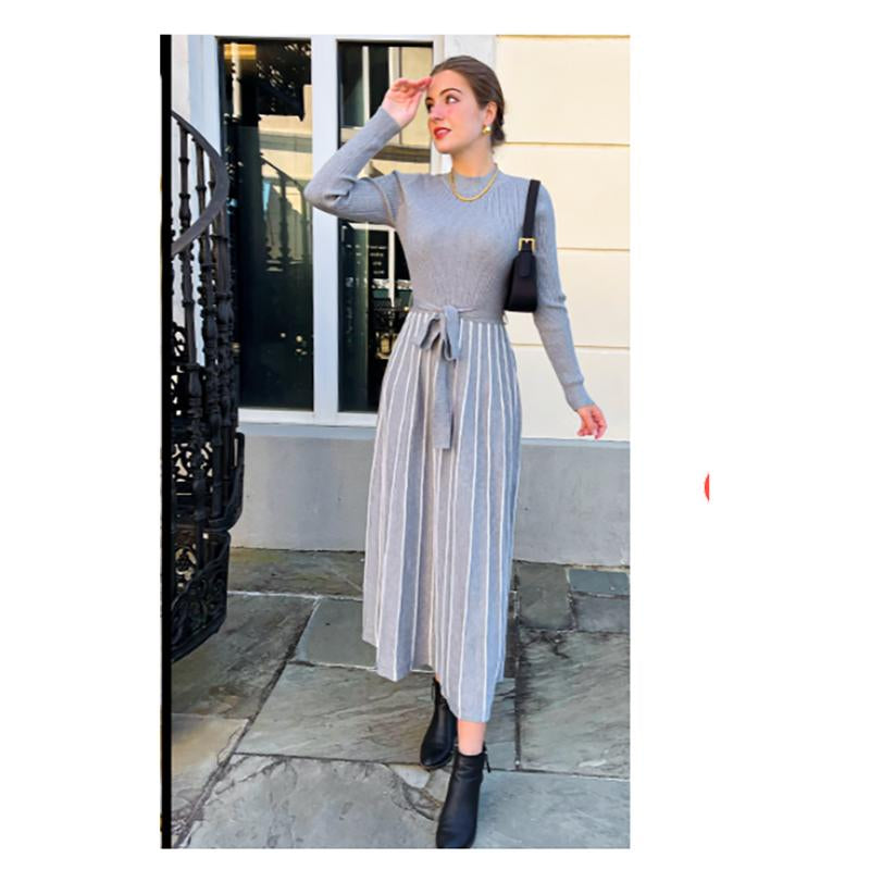 ZESICA Womens 2025 Fall Turtleneck Long Sleeve Sweater Dress Tie Waist Casual Loose Ribbed Knit a Line Midi Dresses Womenswear Check Casual Wear Lady