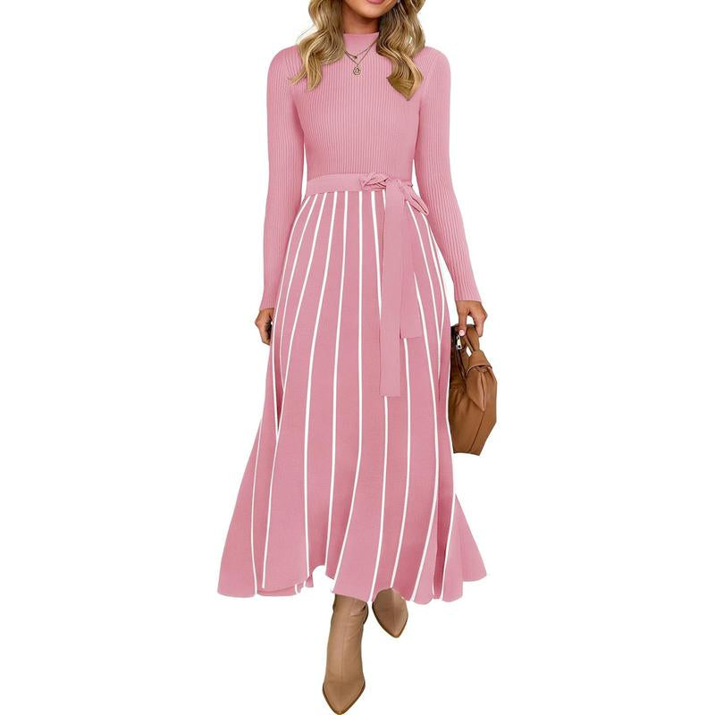 ZESICA Womens 2025 Fall Turtleneck Long Sleeve Sweater Dress Tie Waist Casual Loose Ribbed Knit a Line Midi Dresses Womenswear Check Casual Wear Lady