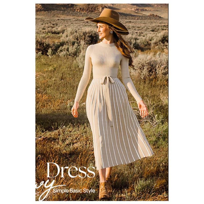 ZESICA Womens 2025 Fall Turtleneck Long Sleeve Sweater Dress Tie Waist Casual Loose Ribbed Knit a Line Midi Dresses Womenswear Check Casual Wear Lady