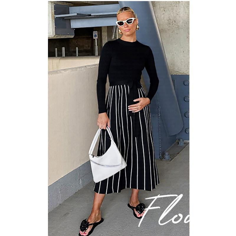 ZESICA Womens 2025 Fall Turtleneck Long Sleeve Sweater Dress Tie Waist Casual Loose Ribbed Knit a Line Midi Dresses Womenswear Check Casual Wear Lady