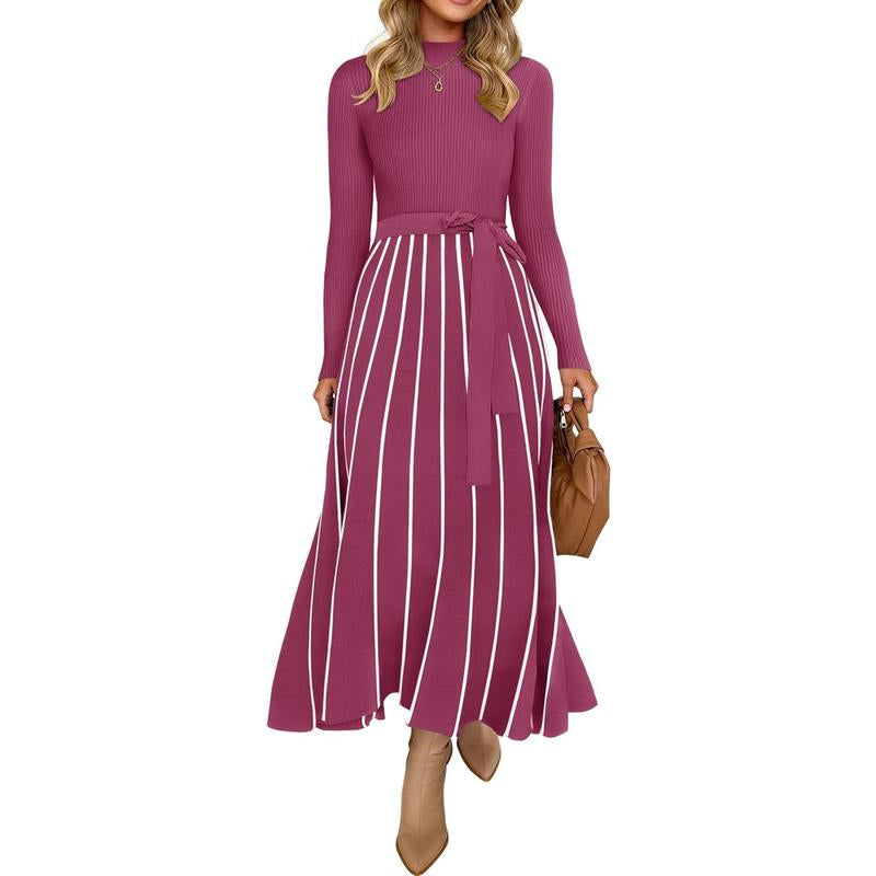 ZESICA Womens 2025 Fall Turtleneck Long Sleeve Sweater Dress Tie Waist Casual Loose Ribbed Knit a Line Midi Dresses Womenswear Check Casual Wear Lady