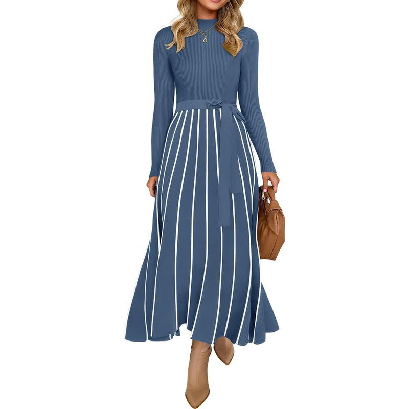 ZESICA Womens 2025 Fall Turtleneck Long Sleeve Sweater Dress Tie Waist Casual Loose Ribbed Knit a Line Midi Dresses Womenswear Check Casual Wear Lady