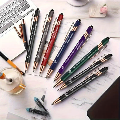 10Pcs Incentivized Retractable Metal Ballpoint Pen, Touchscreen Compatible, Suitable for Sacred Scriptures, Verses and Cross Badges, Smooth Writing, Ideal as a Faith Gift for Adults.