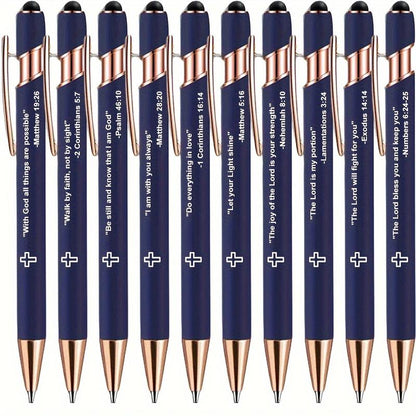 10Pcs Incentivized Retractable Metal Ballpoint Pen, Touchscreen Compatible, Suitable for Sacred Scriptures, Verses and Cross Badges, Smooth Writing, Ideal as a Faith Gift for Adults.