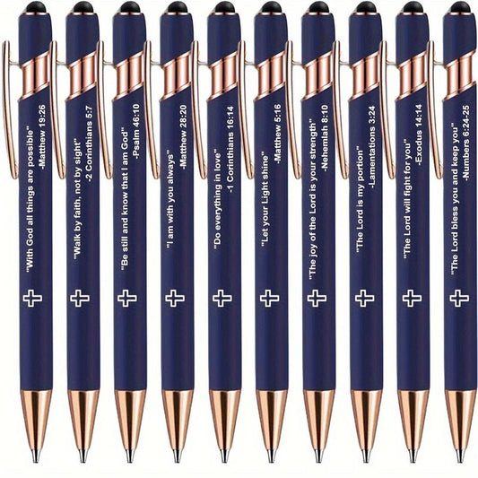 10Pcs Incentivized Retractable Metal Ballpoint Pen, Touchscreen Compatible, Suitable for Sacred Scriptures, Verses and Cross Badges, Smooth Writing, Ideal as a Faith Gift for Adults.