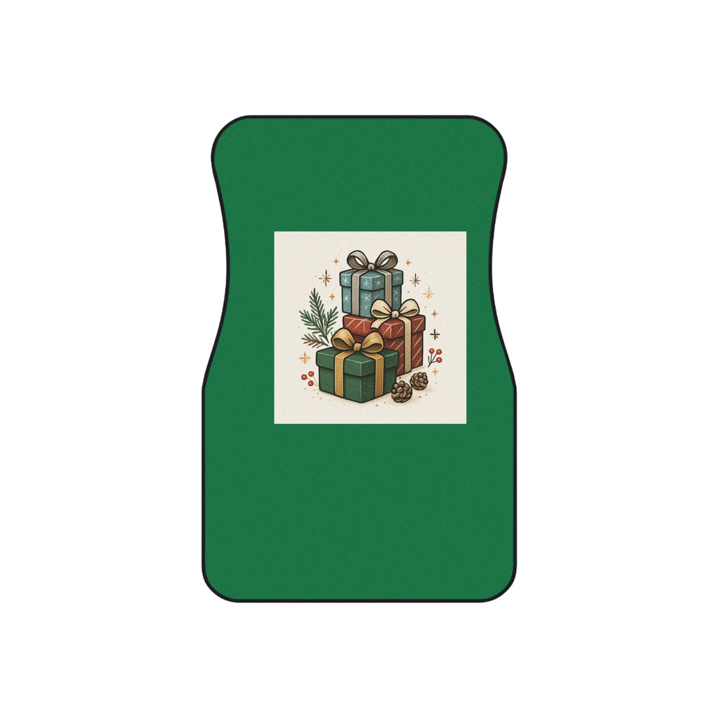 Holiday Gift Stack Car Mats (Set of 4) — Christmas Green Car Floor Mats with Presents Design