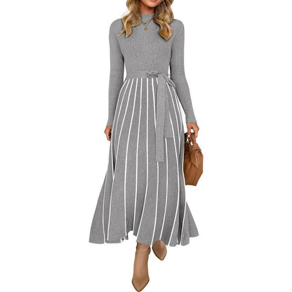 ZESICA Womens 2025 Fall Turtleneck Long Sleeve Sweater Dress Tie Waist Casual Loose Ribbed Knit a Line Midi Dresses Womenswear Check Casual Wear Lady