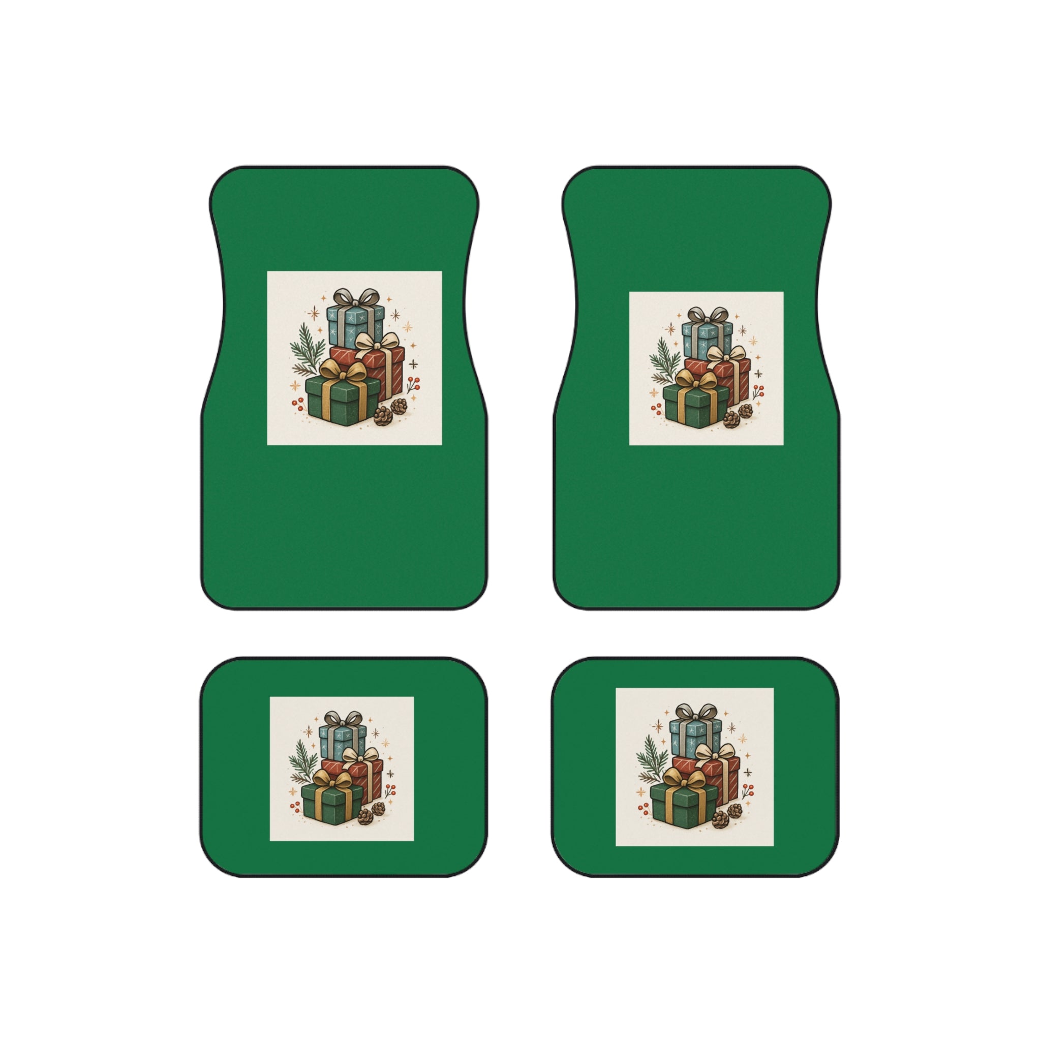 Holiday Gift Stack Car Mats (Set of 4) — Christmas Green Car Floor Mats with Presents Design