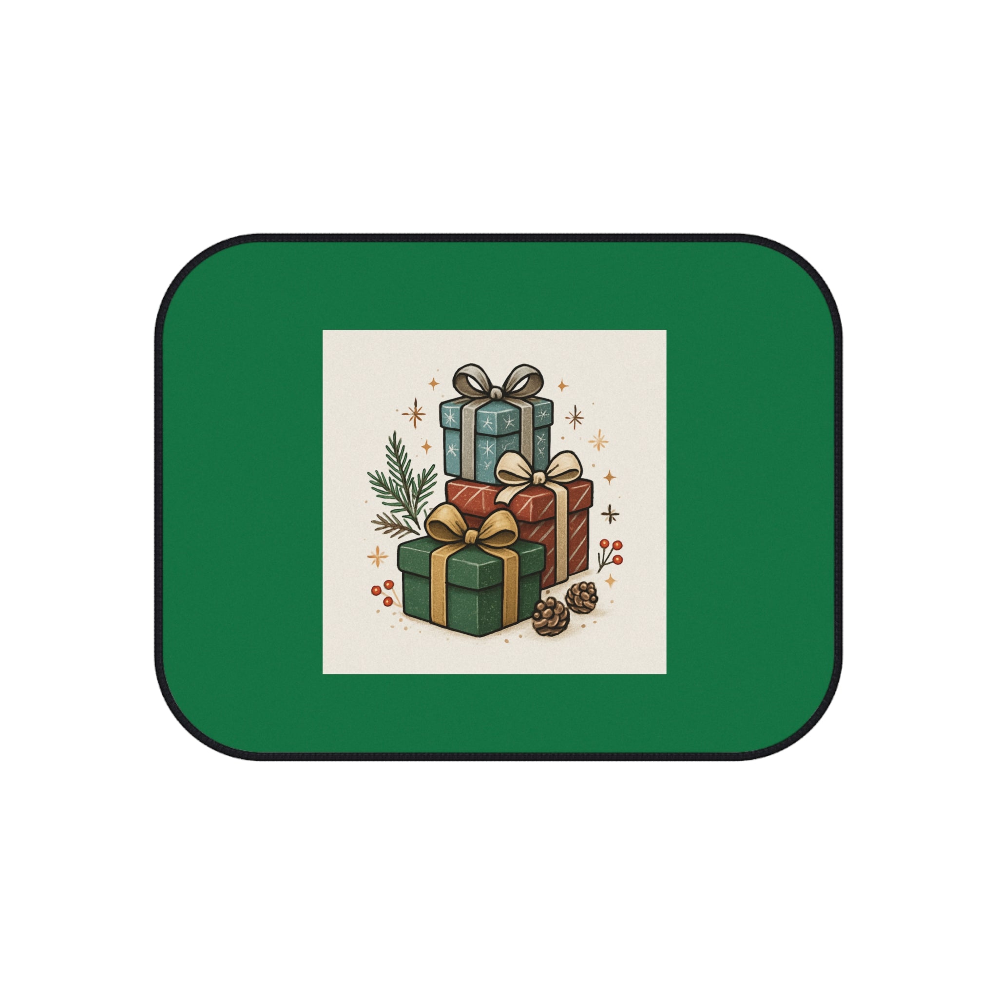 Holiday Gift Stack Car Mats (Set of 4) — Christmas Green Car Floor Mats with Presents Design