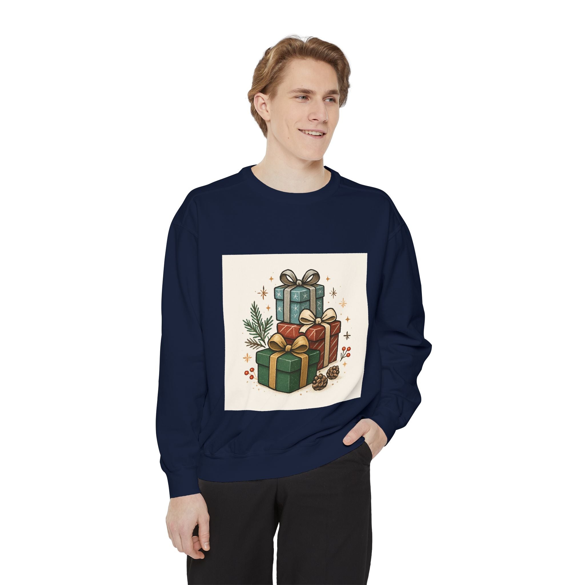 Holiday Gift Stack Sweatshirt — Cozy Christmas Presents Design