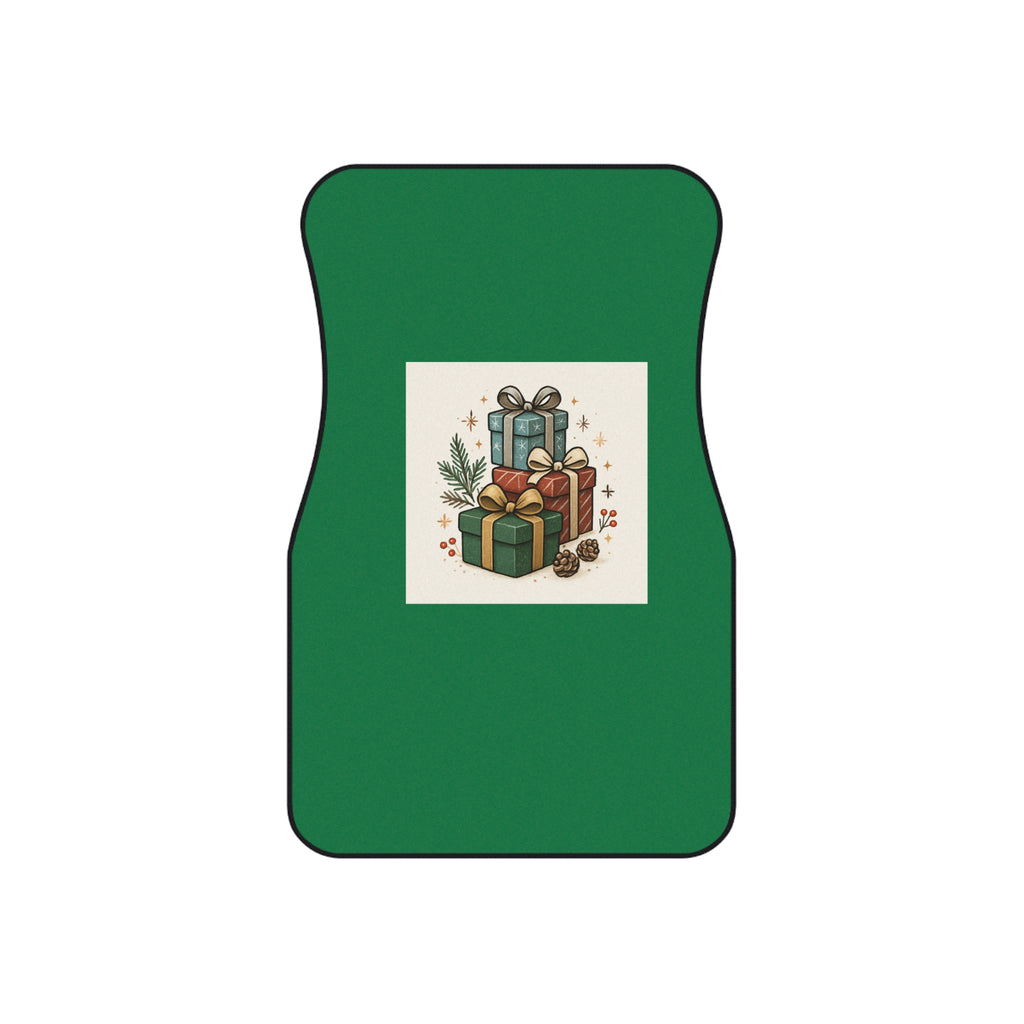 Holiday Gift Stack Car Mats (Set of 4) — Christmas Green Car Floor Mats with Presents Design