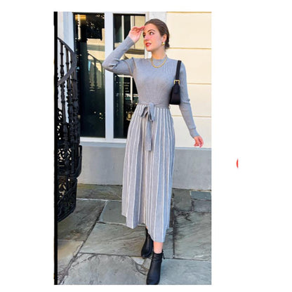 ZESICA Womens 2025 Fall Turtleneck Long Sleeve Sweater Dress Tie Waist Casual Loose Ribbed Knit a Line Midi Dresses Womenswear Check Casual Wear Lady