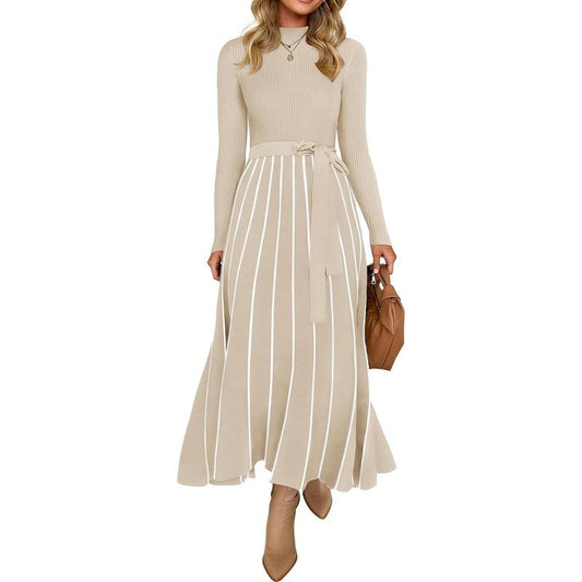 ZESICA Womens 2025 Fall Turtleneck Long Sleeve Sweater Dress Tie Waist Casual Loose Ribbed Knit a Line Midi Dresses Womenswear Check Casual Wear Lady